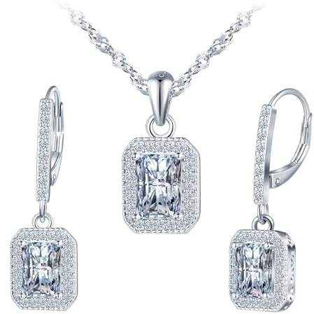 INFINIONLY Ädelsten Smyckeset för Kvinnor, Hänge Halsband och Örhängen i 925 silver, smaragdskuren Zirkon Smyckesset, Mode Bröllopssmycken Dagligen