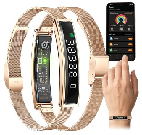 Fontastic Smartband Luxis im Schmucklook, LED-Display – Pulsmesser, SpO2 und Stresslevel, Schlaftracker mit Schrittzähler – App Fyri Nxt, BT 5.3, 1ATM, Metallband inkl. Silikonband (Roségold)
