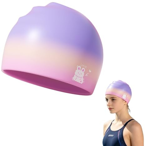 Cuffia da nuoto in silicone, colore sfumato con stampa unicorno, cuffia da bagno morbida ed elastica, impermeabile, vestibilità comoda, per ragazze e bambini, per capelli lunghi e corti, accessorio