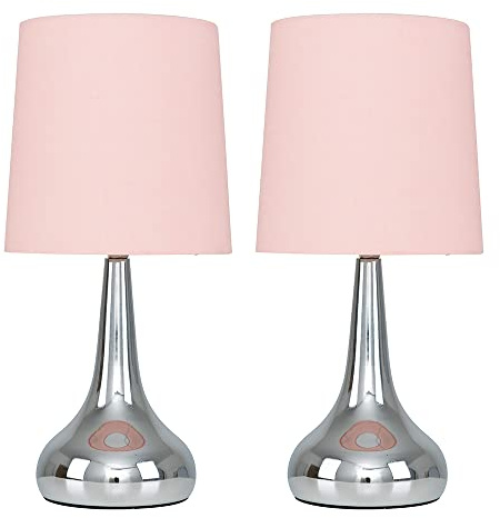 MiniSun | Modern Chrome Teardrop Touch Table Lamps with Pink Fabric Shades | Table Lamps, Home Décor & Improvement Essential | Set of 2 | Includes 5W LED Bulbs [3000K Warm White]