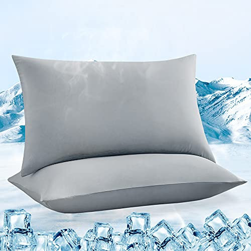 Luxear kühlender Kissenbezug 2er Set, Kopfkissenbezug elastisch mit Arc-Chill Kühlfasern atmungsaktiv, seidige Kissenbezüge mit Reißverschluss, Haare/Haut schonende Kissenhülle, 40x80cm-Grau