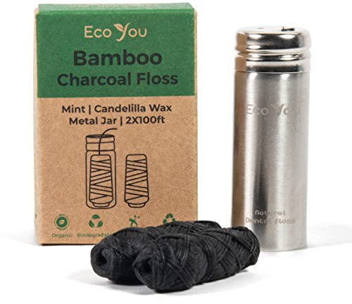 EcoYou Eco Floss | 2 Charcoal Dental Floss Refills + Dental Floss Holder | Mint & Candelilla Wax | Bamboo Floss