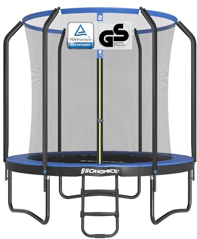 SONGMICS Trampoline pour Enfant, Diamètre 244 cm, Filet de Protection, Poteau de 180 cm de Haut, Coussin de Sécurité, Échelle, Cadre en Acier, Noir et Bleu STR083Q01