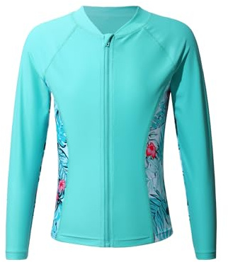 Nyeemya Girl's Long Sleeve Top Child's Rash Guard Shirts Vest UPF 50+ Quick Dry Swimsuit Summer Beach Coat Mint Green 13-14 Years