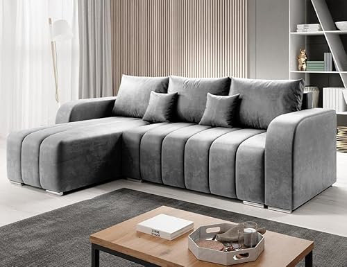 ML Furniture Ltd Velvet Ecksofa in L-Form 245 x 86 x 147 cm mit Schlaffunktion und Bettzeugbehälter - Schlafsofa mit Bettkasten - Eckcouch mit Stauraum - Links Couch Velours - Farbe: Grau MO84