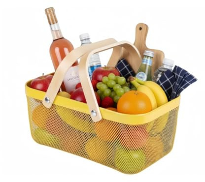 Ymeibe Portable Mesh Harvest Basket - Natural Bamboo Handle Foldable Organizer for Kitchen, Garden & Picnic | Ventilated Storage Bin with Rust-Proof Wire, Space-Saving Farmhouse Decor (Lemon Yellow)