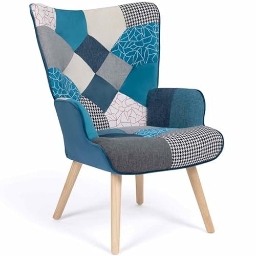 IDMarket Ivar - Sillón escandinavo en tejido Patchwork y terciopelo azul