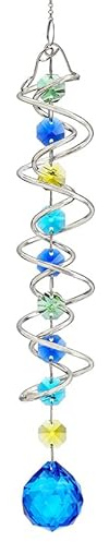 Kristall Sonnenfänger Windspiel – Doppelspirale & Meerblau Deko | 52cm Kristall Windspiel Doppelspirale, meerblaue Kugel, 9 Kristalle, Gartendeko Balkon Terrasse, Regenbogen, Geschenkbox