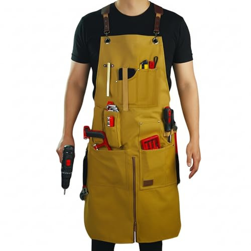 Stenffy Work Apron, Canvas, Adjustable Weight, Tool Aprons with Multiple Pockets, Adjustable Zipper, Metal Ring, Tape Measure Clip for Men Women 27In*36In, Khaki