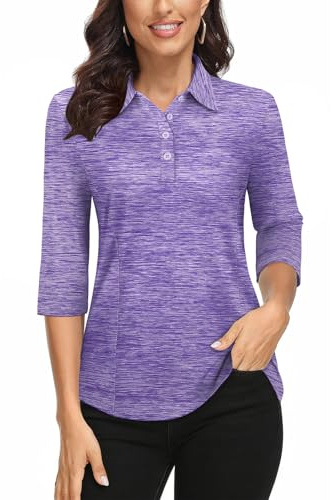 Zamowoty Womens Golf Shirt Loose Fit 3/4 Sleeve Tennis Shirt Quick Dry UPF50+ Sun Protection Running Hiking Cycling Athletic Workout Tops Casual Wear Purple Large