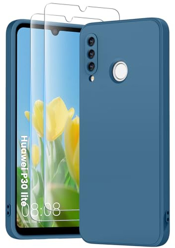 PuyaTeya für Huawei p30 Lite hülle, mit 2 Stück 9H Panzerglas | Silikon Handyhülle, stoß- und kratzfest. 4-lagiges Mikrofaser-Innenfutter bietet sanften Schutz, bei Nacht Blue