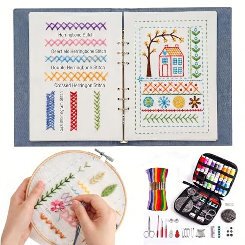 Bawetech Embroidery Stitch Book, 2026 Nuevo Kit Bordado, Embroidery Kit con 143 Patrones, Libro de Bordado Portátil para Principiantes, Adultos y Amantes de las Manualidades