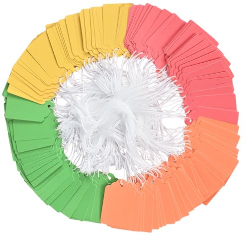 Brothersbox Color Tags with String, 1000pcs Matte Surface Price Tags Label for Yard Garage Sales Gift Handmade Stuff Jewelry Clothing, Red Yellow Green Orange 3.6 x 2.8cm (1.75 x 1.093 inch)