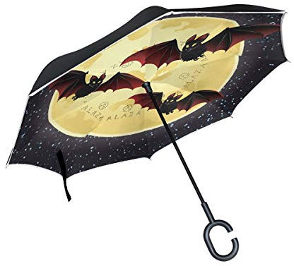 MNSRUU umgekehrte Regenschirme, Fledermaus-Muster, doppellagig, faltbar, Winddicht, UV-Schutz, Winddicht, Reise-Regenschirm für Damen und Herren