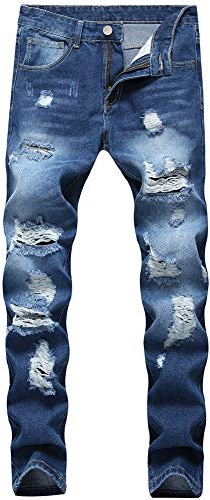 LZLER Mens Ripped Jeans,Distressed Destroyed Slim Fit Straight Leg Denim Pant with Holes - Blue - 38