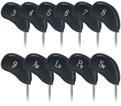 Craftsman Golf 12pcs Thick Synthetic Leather Golf Iron Head Covers Set Headcover Fit All Brands (Black with Silver No.)
