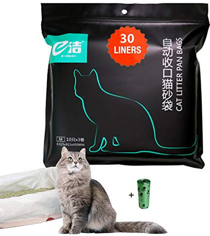 Moliwen 1 förpackning med 30 kattpåsar 91,5 x 45 cm, påsar med handtag för medelstora och stora kattlåda, 1 rulle (15 stycken) sopsäck som gåva