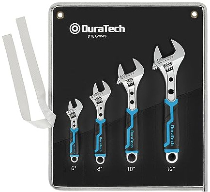 DURATECH 4-Piece Adjustable Wrench Set, 6-inch, 8-inch, 10-inch, 12-inch, 3-in-1 Spanner with Box End/Hex Function, CR-V Steel, Chrome-plated, Bi-material soft Grip, with Rolling Bag