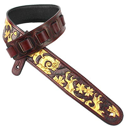 Walker And Williams LHR-27 Handmade Garnet Red Premium Carved Leather Guitar Strap With Gold Sumi-E Wave Scene For Acoustic, Electric, And Bass Guitars