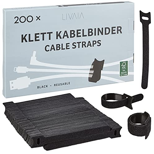 LIVAIA Klett Kabelbinder Wiederverschließbar: 200x Klettband 15cm für Einfaches Ordnen von Kabeln – Kabel Organizer, Kabelmanagement – Klettverschluss Selbstklebend