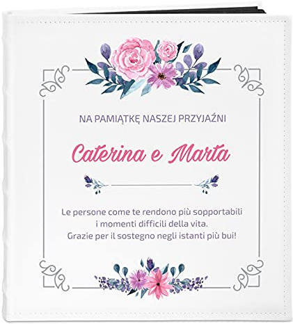 Maverton Album Fotografico Personalizzato - Copertina in Pelle Sintetica Bianca con la Personalizzazione Stampata a Colori - 60 pagine nere - 240 foto 10x15 cm - regalo donna - Amicizia