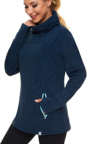Soneven Maglia Termica Donna Manica Lunga Invernale Winter Run Pullover Maglione con Kanga Pocket Top Sport T-Shirt Baselayer da Corsa Ciclismo Fitness (XXL, Blu)