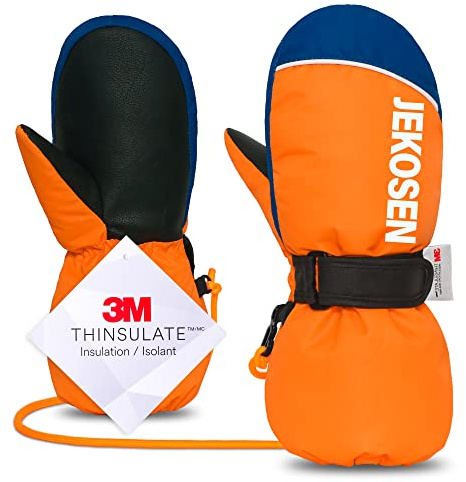 JEKOSEN Kids Snow Gloves Waterproof 3M Thinsulate Warm Winter Glove with Anti-Lost Lanyard for Boys Girls Snowboard Snow Cold Weather Child Gloves Orange Medium