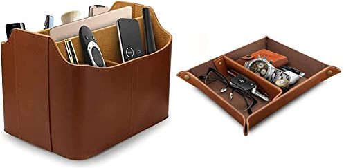 Londo Leder Fernbedienung Organizer und Halter mit Tablet Fach, Fernbedienungshalter (Hellbraun) & Leder Taschenleerer - Vide Poche - Ledertablett Organizer, Praktische Aufbewahrungsbox (Hellbraun)