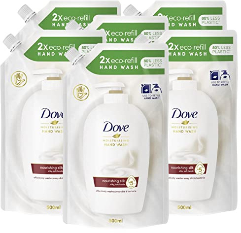 6 x Dove Öko-Nachfüllpackung aus hochwertiger Seide, feuchtigkeitsspendend, Handseife, glatte und weiche Haut – 6 Nachfüllpackungen à 500 ml