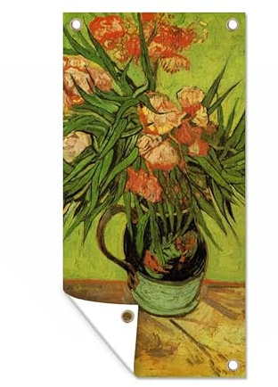MuchoWow Poster exterieur Nature morte vase avec lauriers roses et livres - Vincent van Gogh Decoration murale 80x160 cm Résistant aux intempéries/soleil