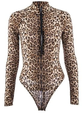 TTPSRY Women's Turtle Neck Bodysuit Long Sleeve Ladies Soft Stretchy Tops Leopard Print Slim Fit Sexy V Neck Zip Front Leotard Jumpsuit Perfect Wear for Casual Dance Partywear (L)