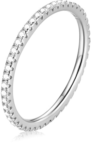 WOSTU 925 Sterling Silver Ring Eternity Cubic Zirconia Stackable Band Ring Tarnish Resistant Wedding Band for Women Men Multi Colors Statement Ring Comfort Fit Ring Gifts for 1.5mm Ring Size 9 Silver