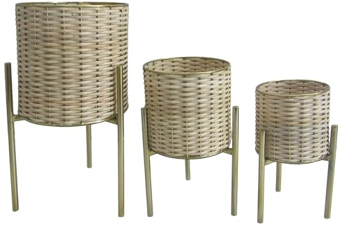 Set de 3 maceteros con pie de Mimbre y Metal en Natural y Dorado 24x24x46, 19x19x36 y 15x15x31cm