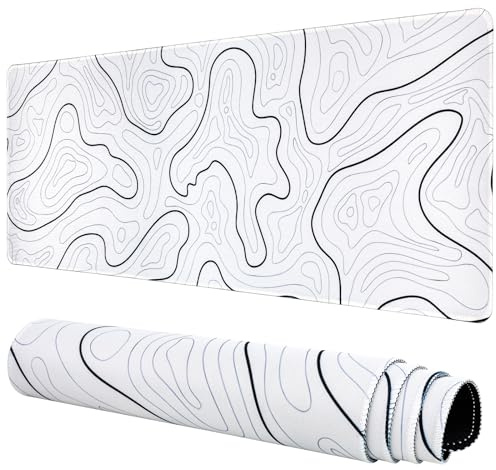 Spelmusmatta med topografisk karta, lång musmatta, stor, 80 x 30 cm (31,5 x 11,8 tum), skrivbordsunderlägg, matta med halkfri undersida, sydd kant, tangentbordsmatta för kontor (vit)