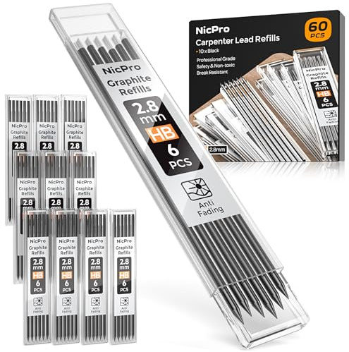 Nicpro 60 pezzi ricarica mina per matita da falegname 2,8 mm, ricarica mina per matita meccanica da falegname, mina resistente alla rottura da HB per matite da costruzione (nero)
