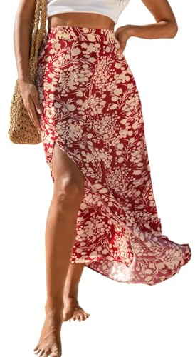CUPSHE Jupe longue pour femme - Imprimé floral - Taille haute - Fente latérale - Ligne A - Jupe d'été élégante - Avec fermeture éclair, rouge, S