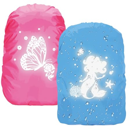 MONCAP 2 Piezas Mochila Impermeable Funda Impermeable Satchel Funda Impermeable Protector de Lluvia con Sirena Rayas Reflectantes protección Mochila para niñas niños Outdoor Camping Senderismo