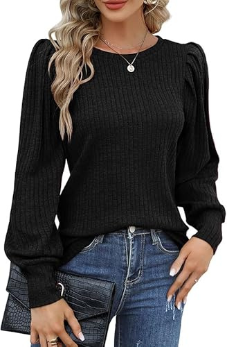 Hotouch Maglione da Donna Elegante Collo Rotondo Maniche a Puff Blusa Casual Sottile Top Autunnali Maniche Lunghe Nero S