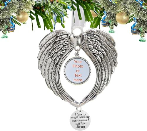 BTORER Christmas Ornaments Angel Wings with Blank Photo Pendant - I Have a Angel Watching Over Me I Call -Hanging Memorial Ornament Xmas Tree Hanging Decoration in Heaven Memorial Gift (Son)