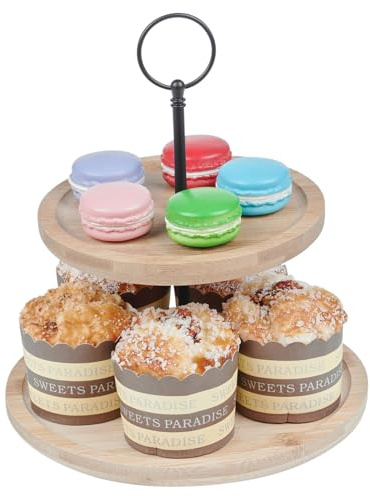 URBNLIVING 22cm Height 2-Tier Wooden Bamboo Food Stand - Natural Slate Serving Platter for Desserts Appetizers Birthday Parties Sturdy Display for Cakes Cupcakes Sandwiches