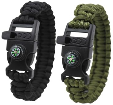KGDUYC 2 piezas pulsera trenzada de cuerda de paracaídas, pulsera de supervivencia al aire libre, pulsera multifunción de cuerda de paracaídas,silbato, brújula, actividades al aire libre