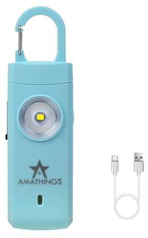 AMATHINGS Alarme de poche pour femme en bleu – Sirène 130 dB LED rechargeable via USB-C, porte-clés avec lumière stroboscopique et indicateur de niveau de batterie pour plus de sécurité, alarme de
