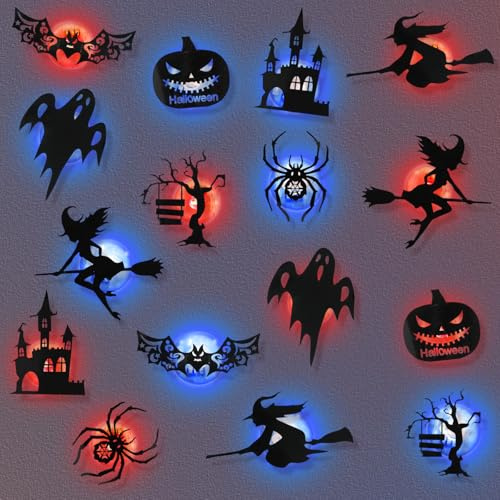 Halloween Décoration, 16 Pièces Stickers muraux LED d'halloween, 3D Chauve Souris LED Horreur Chauve Souris Stickers,Sticker Halloween Fenetre, Decoration Helloween Intérieur pour Mur Porte Fête Déco