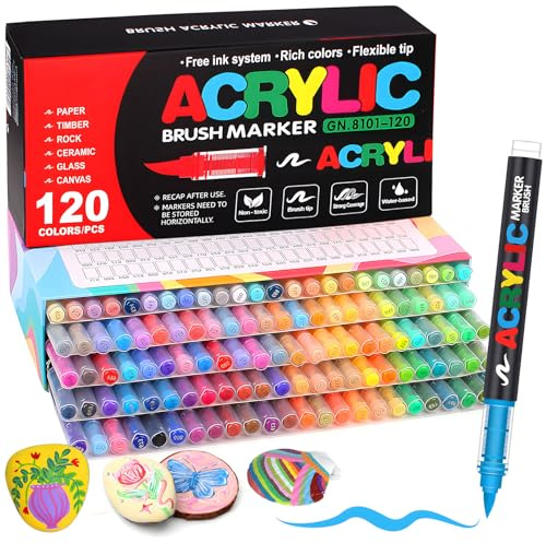 Lot de 120 Acrylic Paint Pens · Marqueurs Acryliques à Pointe Pinceau · Stylo Peinture Acrylique Adulte · Encre à l'Eau pour Surfaces Multiples : Pierre, Verre, Tissu, Bois, Toile · Idée Cadeau