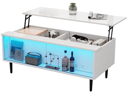 Azkoeesy 105 x 50 x 43 cm, mesa de centro regulable en altura con LED y vitrina de cristal, mucho espacio y blanco brillante para salón, mesa de café/salón