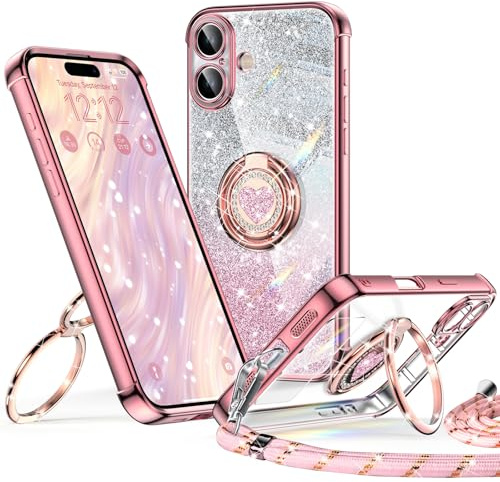 XYZ for iPhone 17 Case with Stand, Rose Gold | Cute Luxury Heart Double Ring Holder, Glitter Clear Protective Phone Case with Lanyard for Women Girls