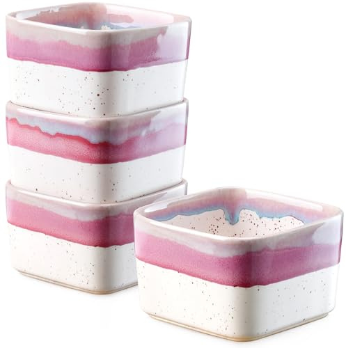 NUTRIUPS 8 oz Ramekins Oven Safe - Square Custard Cups, Ceramic Ramekins for Pudding, Creme Brulee,Souffle, Serving Dip, Ice Cream, 4-Piece Set (Pastel Lilac Flow)
