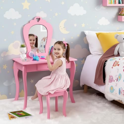 Wadan Kids Dressing Table | Amelia Vanity Set with Stool & Mirror | Children’s Dressing Tables, Make up Table, Perfect for Kids Room, Table, Mirror, Stool, Drawer | Pink