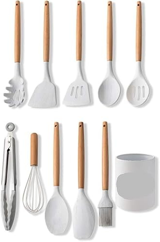 OIFAODAO, Ensemble d'ustensiles de Cuisine en Silicone Ensembles avec Support - 11 PCS Manche Bois Batterie antiadhésive Gadgets, Blancs,Cuillère de Cuisine