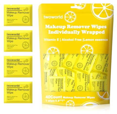 Sminkborttagare våtservetter bulk individuellt förpackade, mini sminkborttagare våtservetter resa skonsam för ansiktsrengöring mascara läppstift resehotell (citron, paket med 40)